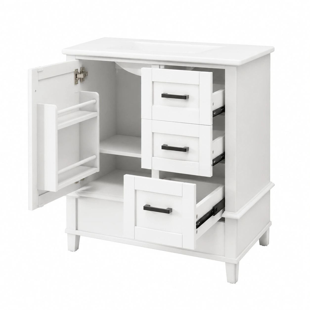 Ensemble de meubles de salle de bain, en bois massif, avec rangement, avec tiroirs, avec portes, coloris blanc, pour la salle de bain